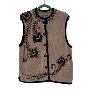 Lisa Nichols Vintage Boho Artsy Knit Vest Floral Embroidery Peacock Vine L